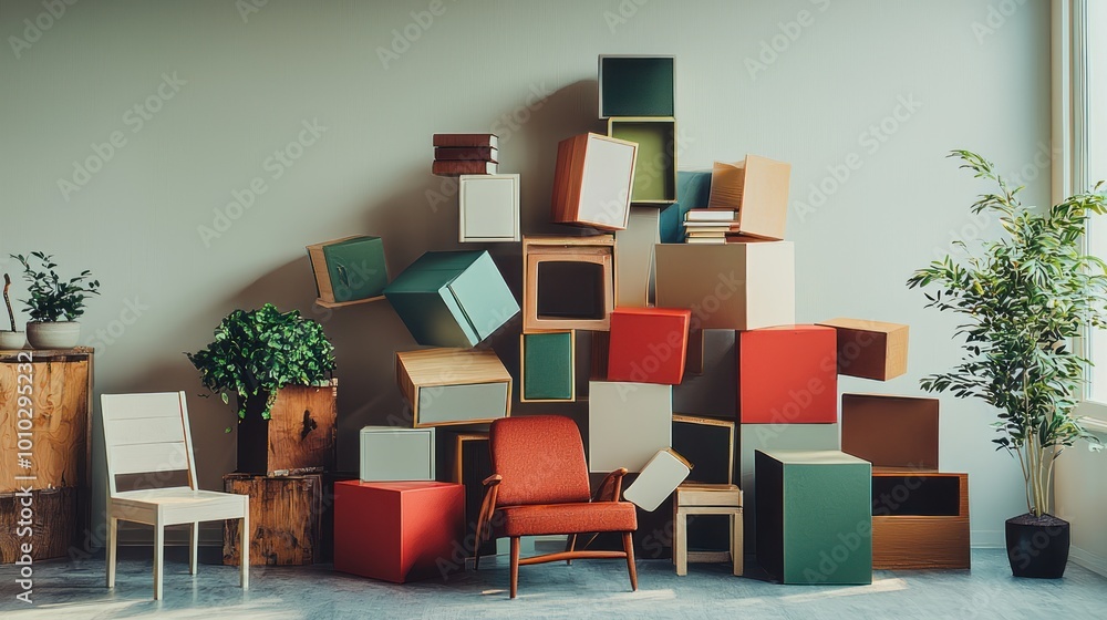 Poster image of objects arranged in a surprising or unconventional way, such as furniture placed at odd ang