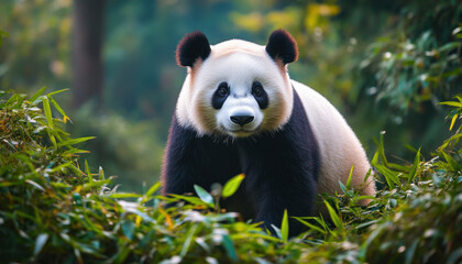 Obraz premium Majestic panda in lush bamboo forest, displaying its striking black and white fur against vibrant green foliage under a soft, natural light setting.