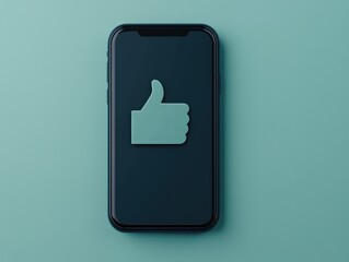 Smartphone displaying a floating thumbs-up notification, 3D render, extreme close-up, promoting positivity.