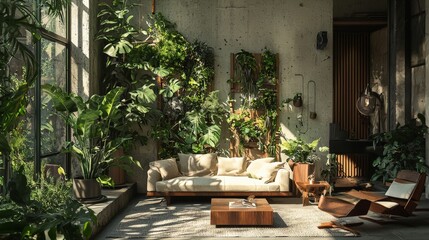 Fototapeta premium A home filled with furniture made entirely from living plants, combining nature and modern design in a seamless blend