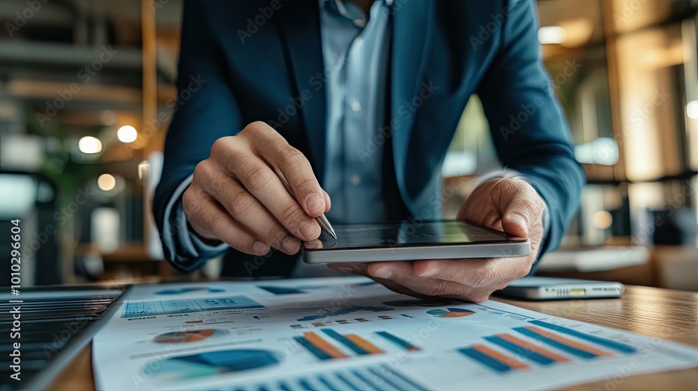 Poster close-up of a businessman's hands using a stylus on a tablet while reviewing financial data charts o
