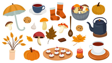 A cozy autumn-themed vector flat style illustration set