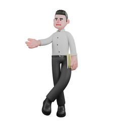 Strategy Service Provider 3D. A male businessman stands with his left hand holding a sheet of paper while his right hand is stretched forward with the palm facing up. Male Business Cartoon
