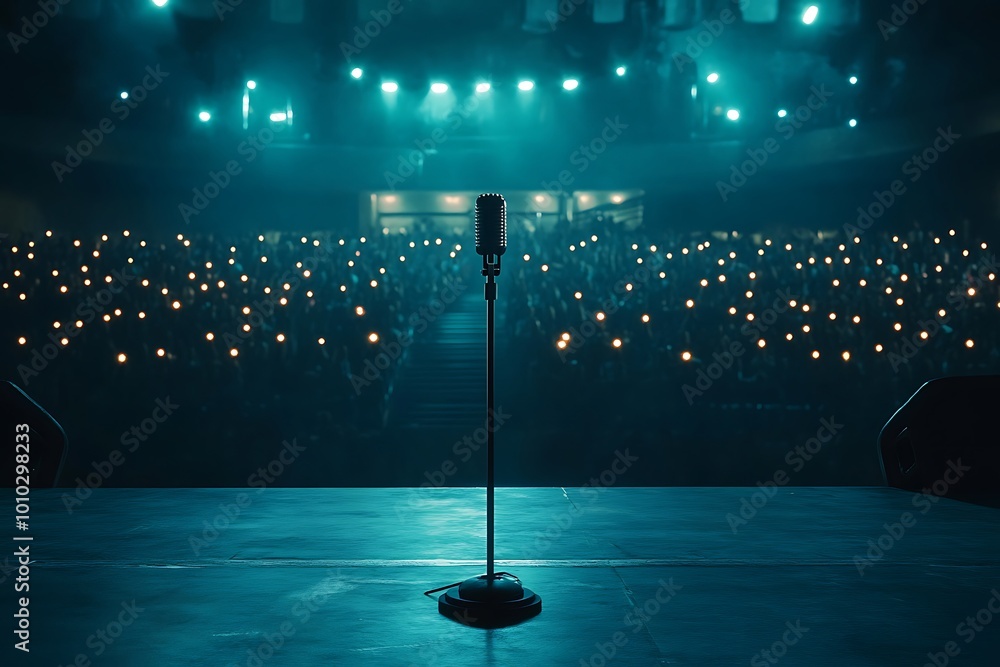 Poster empty stage with microphone and spotlights for performance