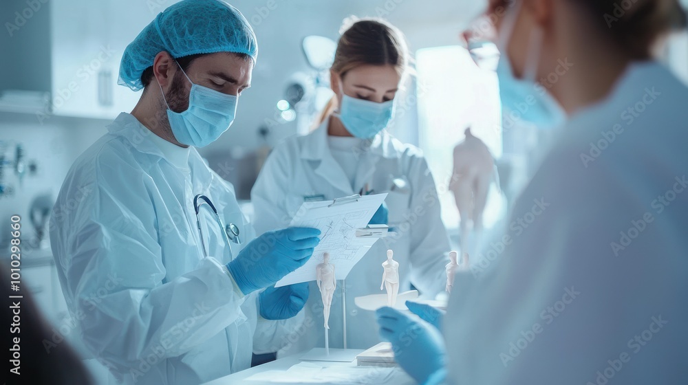 Poster plastic surgeon discussing rhinoplasty options with a patient, using diagrams and models to explain 