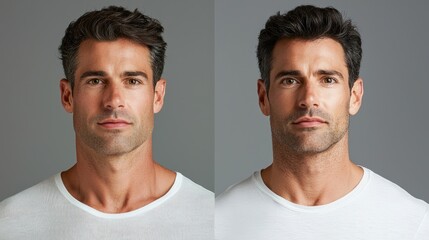 Before-and-after images of male plastic surgery patients, showing results from procedures like hair restoration or body sculpting.