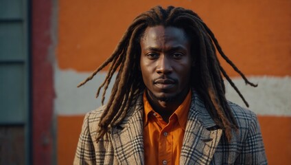 Man with dreadlocks in patterned suit and button-up shirt, urban orange backdrop