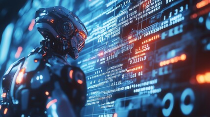 Futuristic robot analyzing digital interface