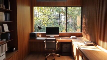 Fototapeta premium A home office where screens are integrated into the walls and disappear when not in use, creating a minimalist workspace