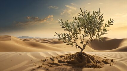 An Olive Tree Stands Resiliently Amidst Vast Sandy Dunes Under a Golden Sky at Dusk, Symbolizing Nature's Perseverance in Harsh Environments
