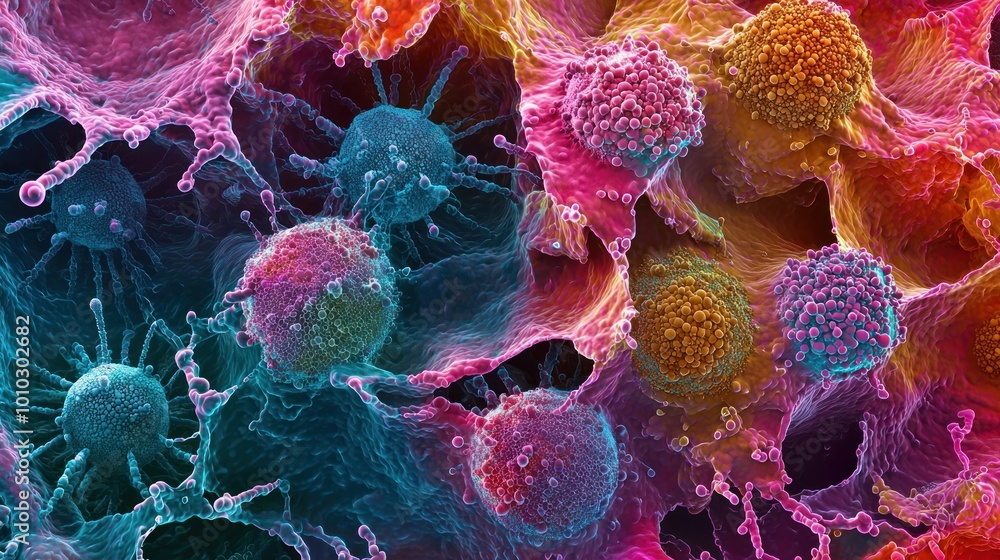 Poster microscopic image showing cancer cells multiplying, with vibrant colors to highlight different struc