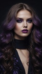Fototapeta premium Woman with voluminous brown hair and deep purple lipstick in fashion portrait