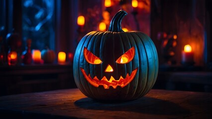 Fototapeta premium A Carved Pumpkin With an Eerie Grin Sits Center Stage on a Wooden Table Surrounded by Flickering Candles, Evoking a Halloween Atmosphere in a Dimly Lit Room
