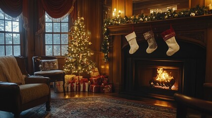 Naklejka premium Cozy Christmas Living Room with Tree and Fire