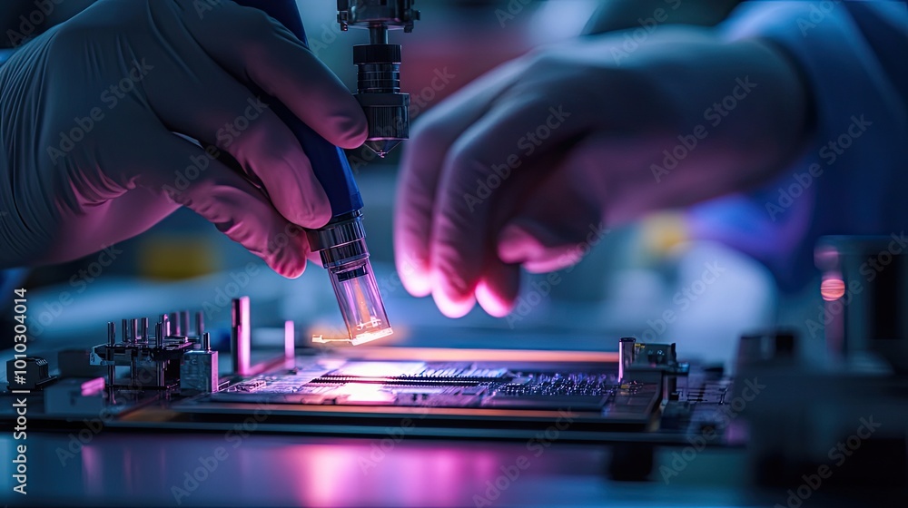 Poster gloved hands using a precision tool to inspect a circuit board