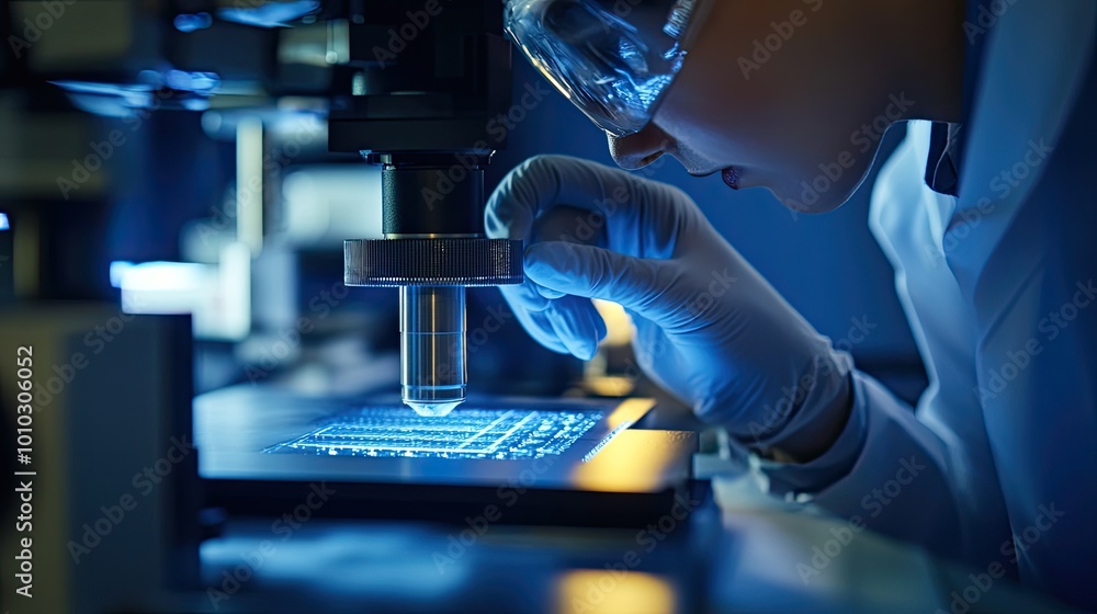 Poster a scientist examines a microchip under a microscope in a laboratory