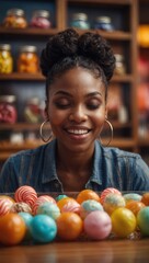 Fototapeta premium Woman in denim jacket smiling behind table of colorful candies, casual setting