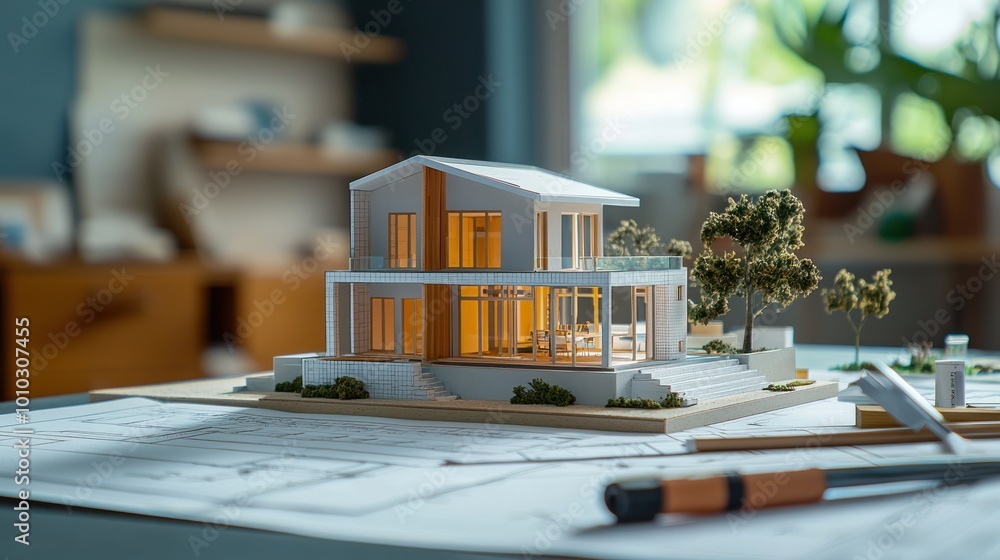 Poster detailed architectural model house on a table with blueprints and design tools, showcasing intricate