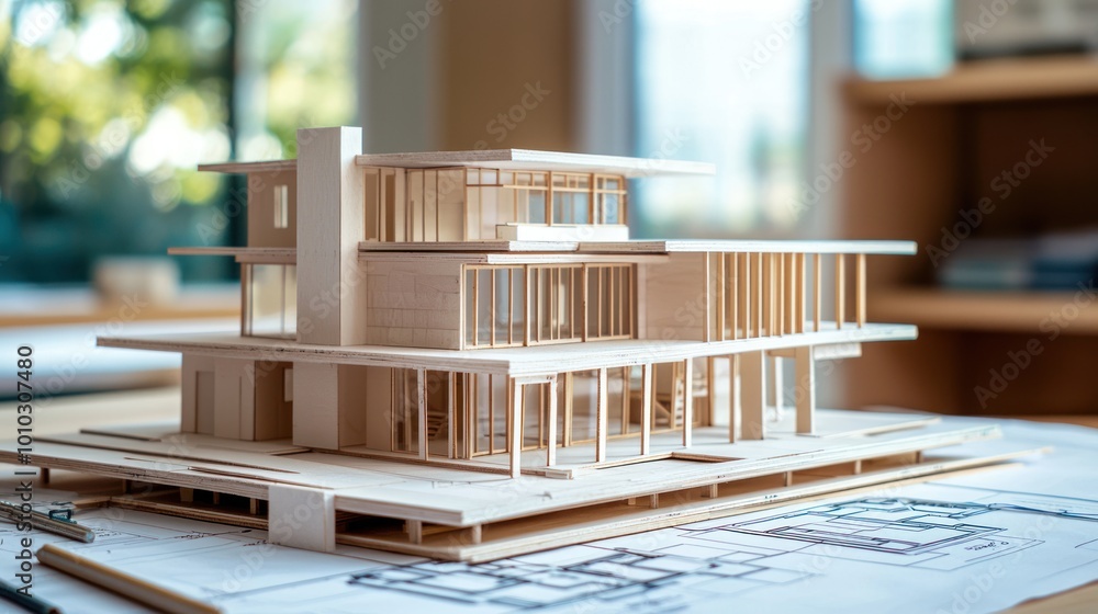 Poster detailed architectural model house on a table with blueprints and design tools, showcasing intricate