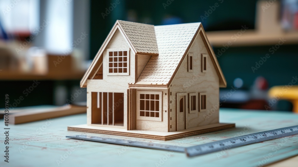 Poster small model house displayed with a ruler and scale for reference, highlighting its intricate design.