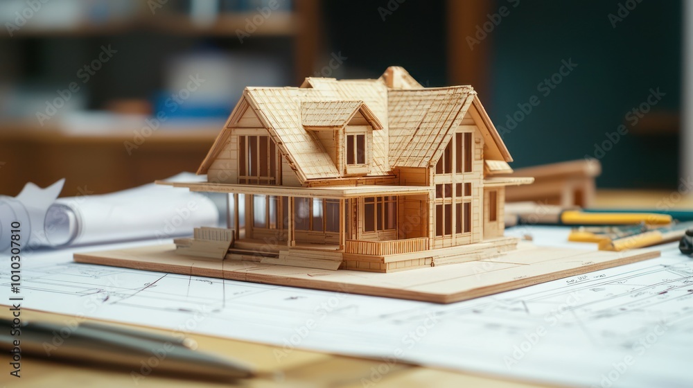 Aufkleber scale model house with precise details on a drafting table, accompanied by technical drawings and de