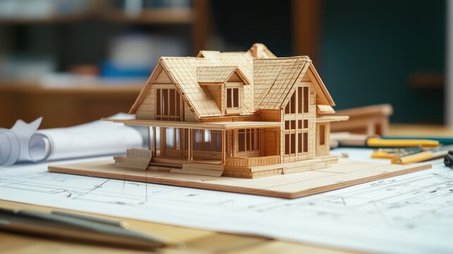 Scale model house with precise details on a drafting table, accompanied by technical drawings and design tools.