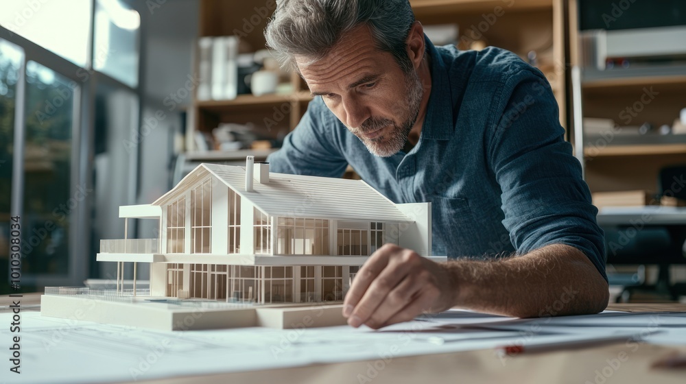 Poster architect examining a scale model house in an office setting, with blueprints and design plans visib