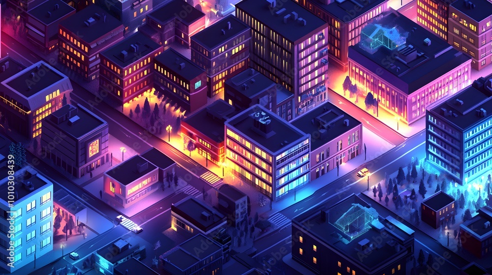 Poster shadow mapping: a nighttime city scene built with sharp 30-degree isometric angles, shadows from str