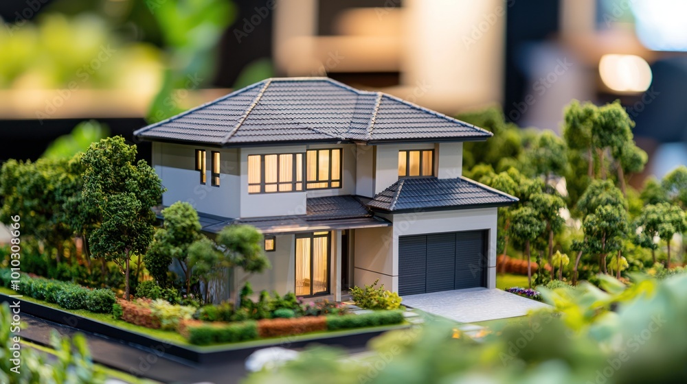 Poster model house with an attached garage displayed on a table, showcasing a complete design.