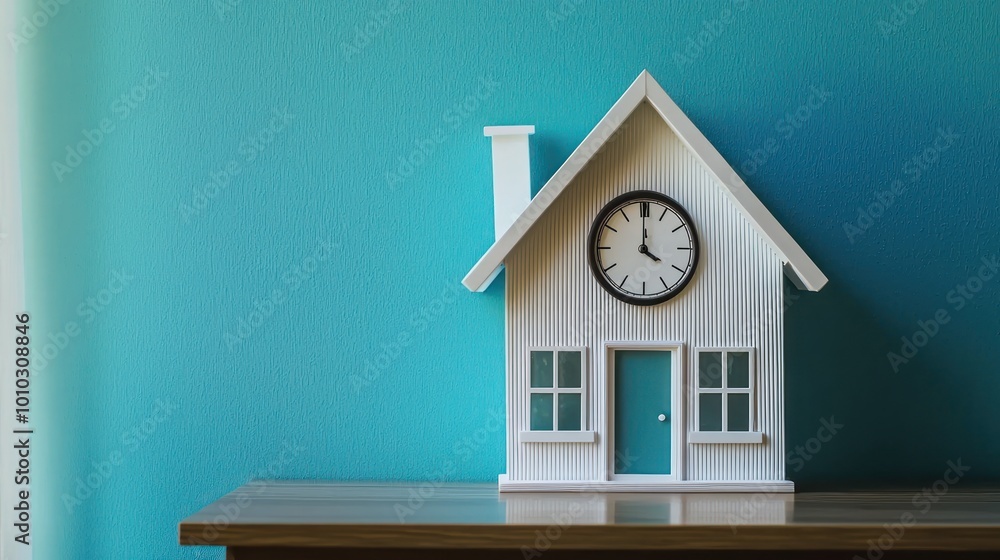 Poster model house with a clock integrated into the design, displayed on a desk or shelf.