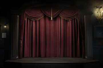Red velvet theater stage curtains,  dark and empty with ornate design