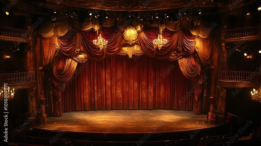 Poster empty stage with red curtains and chandeliers ready for a performance