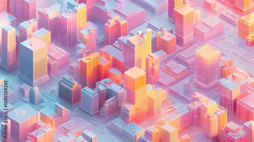 Poster isometric grids: a sprawling city designed entirely on a perfect isometric grid, every building fits