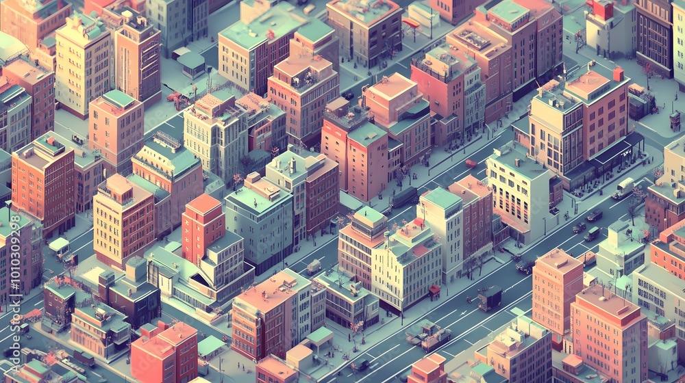 Poster isometric grids: a sprawling city designed entirely on a perfect isometric grid, every building fits