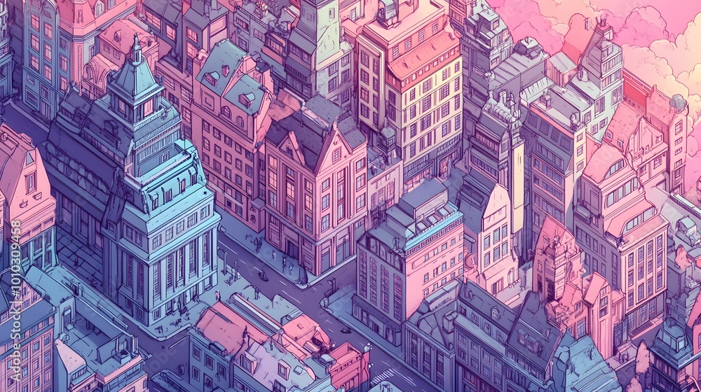 Poster isometric grids: a sprawling city designed entirely on a perfect isometric grid, every building fits