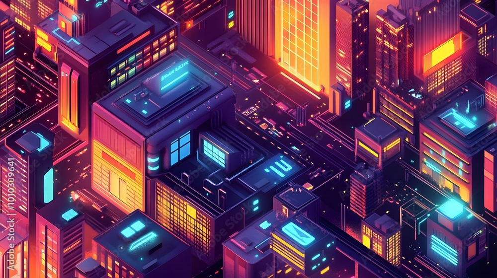 Poster axonometric projection: a futuristic cityscape rendered using axonometric projection, where each bui