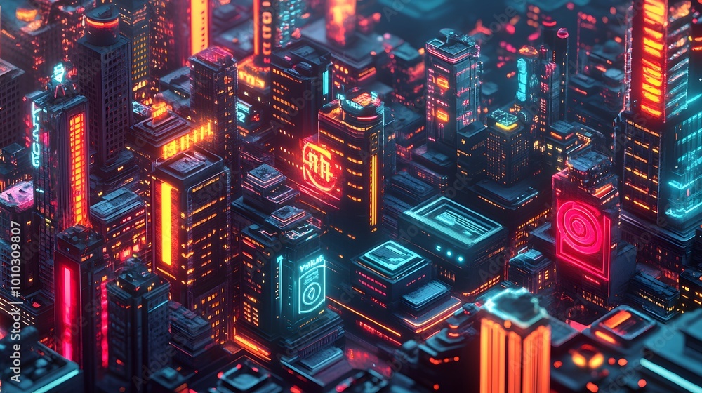 Poster axonometric projection: a futuristic cityscape rendered using axonometric projection, where each bui