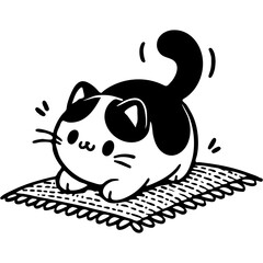 Obraz premium Fat kitten scratches claws rug mat in monochrome. Simple minimalistic vector in black ink drawing on transparent background
