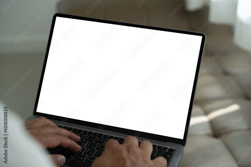 Poster young man working businessman using a desktop computer of the blank screen
