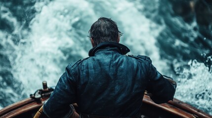 Adventurer Navigating Turbulent Waters in a Wooden Boat