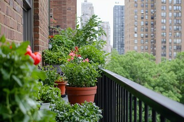 Naklejka premium City balcony transformed into a small garden oasis. Various vegetables and flowers are growing in harmony