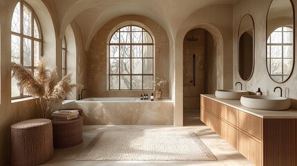 A modern bathroom with sleek wooden cabinets, two sinks, and arched mirrors, in a light-filled room