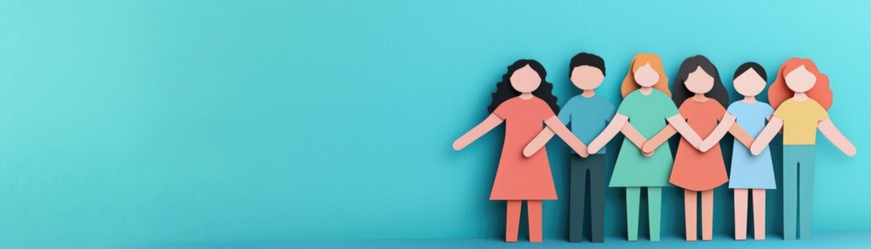 Colorful paper cutouts of diverse people standing together, symbolizing friendship and unity against a bright turquoise background.
