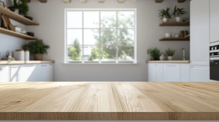 Wooden light empty table top in modern white kitchen, kitchen panel in interior