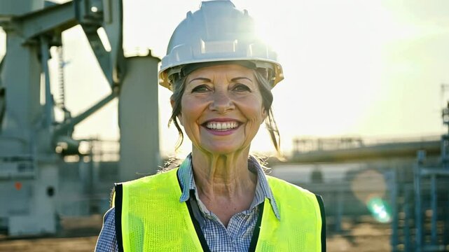 A close-up of a middle-aged Latin American woman smiling in a construction helmet, standing in front of an oil rig at an industrial site.