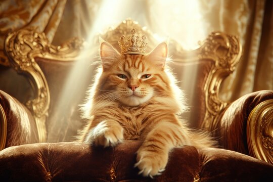 Mischievous, fluffy orange tabby cat lounging on a velvet throne, wearing a tiny crown, with a smug expression.