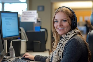 Obraz premium Smiling woman at a computer with headset