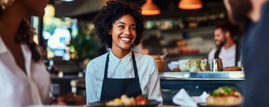 Smiling waitress in a busy restaurant scene