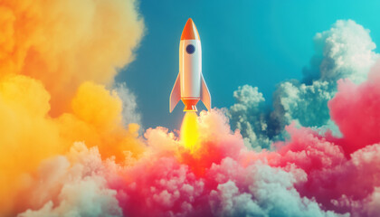 A vibrant, multicolored rocket launches amidst colorful clouds, symbolizing creativity and adventure in a dynamic, dreamlike sky.