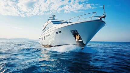 Yacht sailing on open water with luxury features.